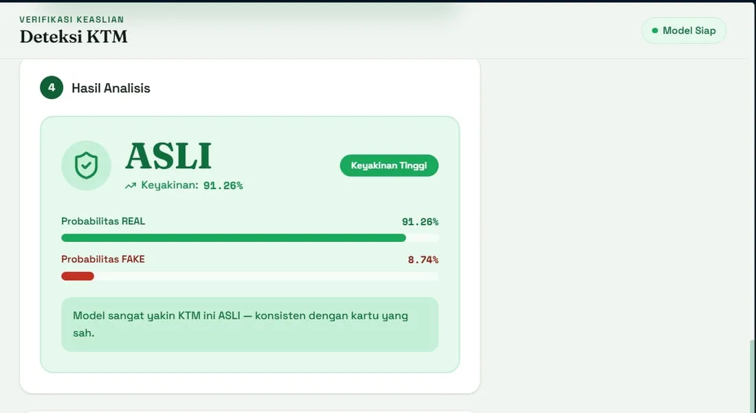 The detector's result panel reading ASLI, meaning genuine,
              with 91.26% confidence and a probability bar for each class.